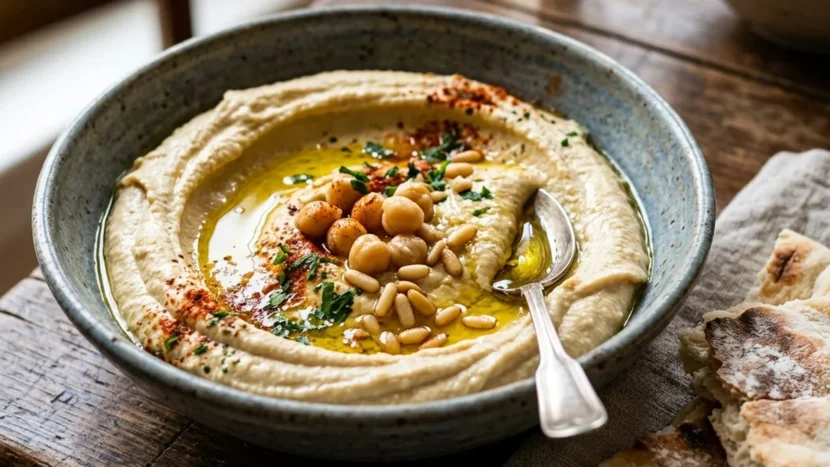 The Authentic Silky Smooth Hummus Recipe A wide rustic bowl filled with incredibly smooth authentic hummus and olive oil