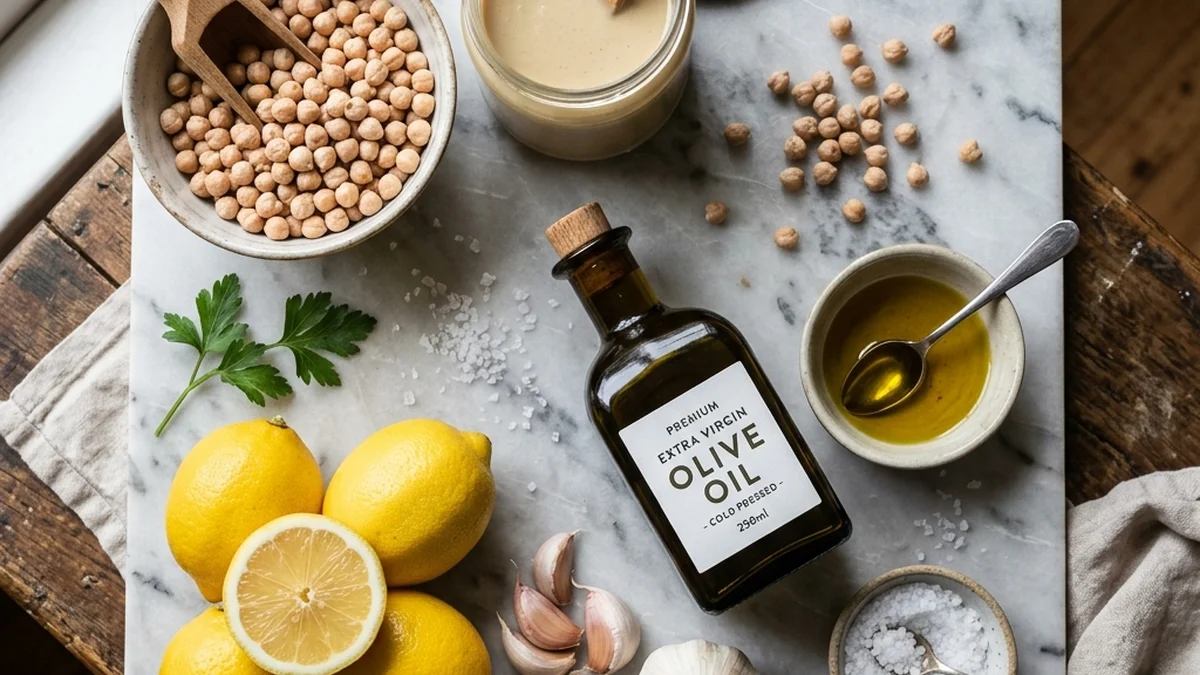 Ingredients for smooth hummus including dried chickpeas, premium tahini, and lemon