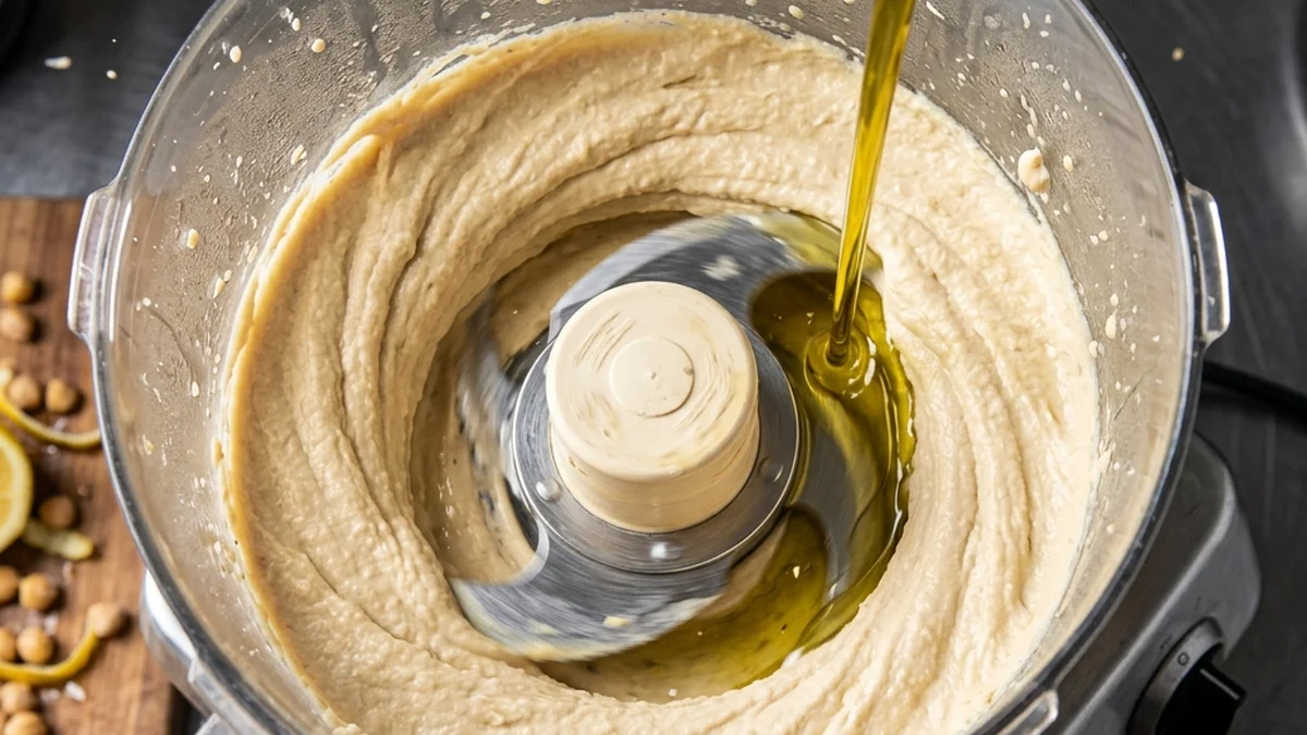 Blending peeled chickpeas and tahini into smooth hummus in a food processor