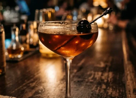 Classic manhattan drink recipe in a coupe glass