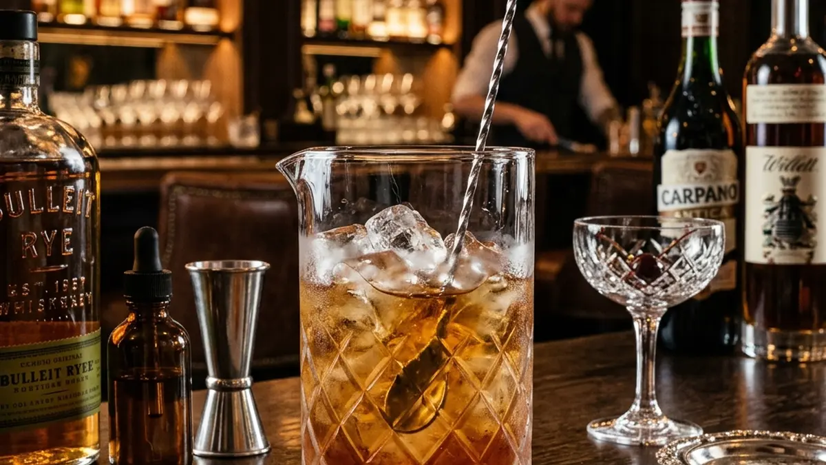 Stirring a manhattan drink in a mixing glass