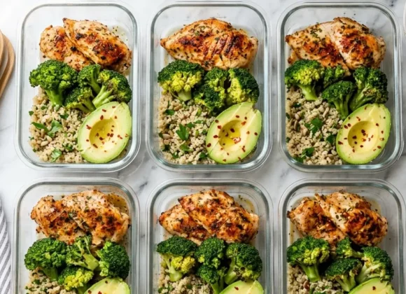 Healthy meal prep ideas on a marble counter