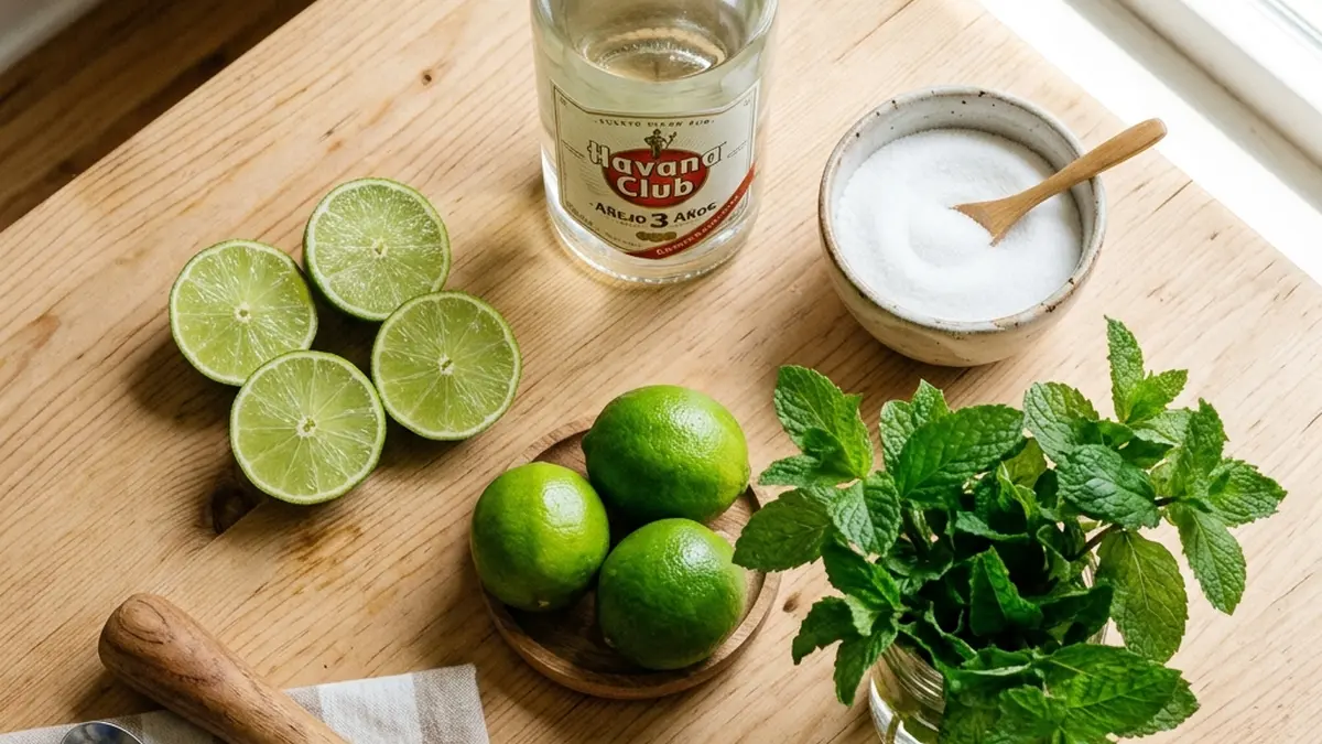 Fresh mojito ingredients including mint rum and lime