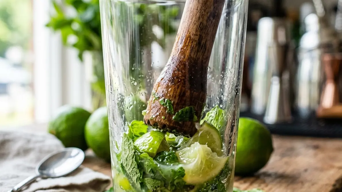 Muddling mint and lime for a mojito recipe