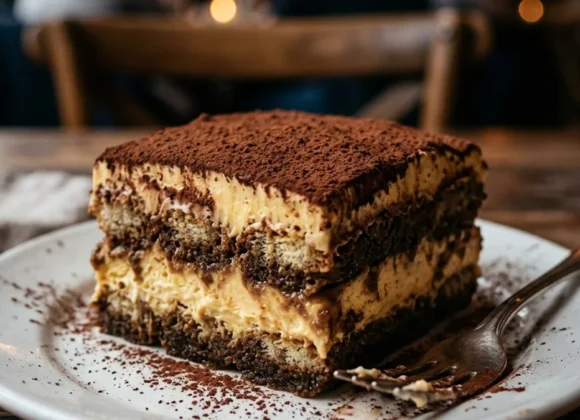 A generous slice of authentic Italian tiramisu with distinct layers on a white plate