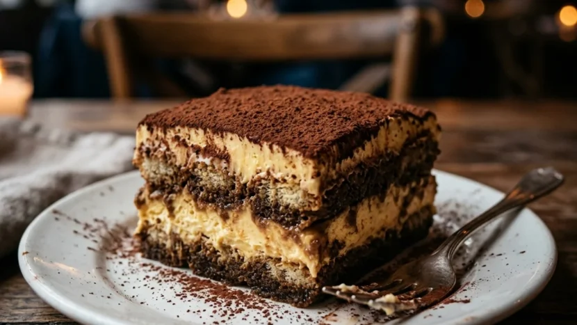 The Authentic Italian Tiramisu Recipe (No Heavy Cream) A generous slice of authentic Italian tiramisu with distinct layers on a white plate