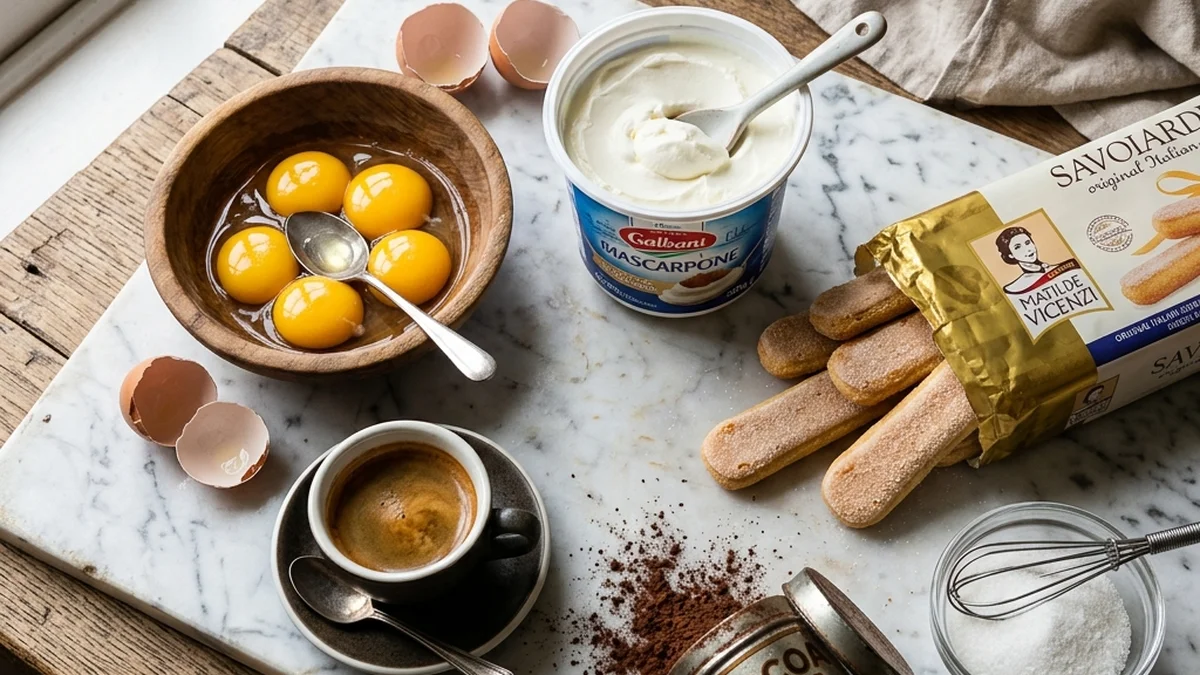 Ingredients for authentic tiramisu including Savoiardi ladyfingers, mascarpone, and espresso