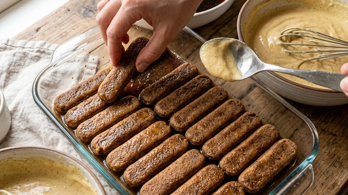 Layering espresso soaked ladyfingers in a glass dish for tiramisu