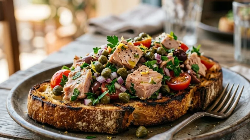 A scoop of vibrant Mediterranean tuna salad on grilled sourdough bread