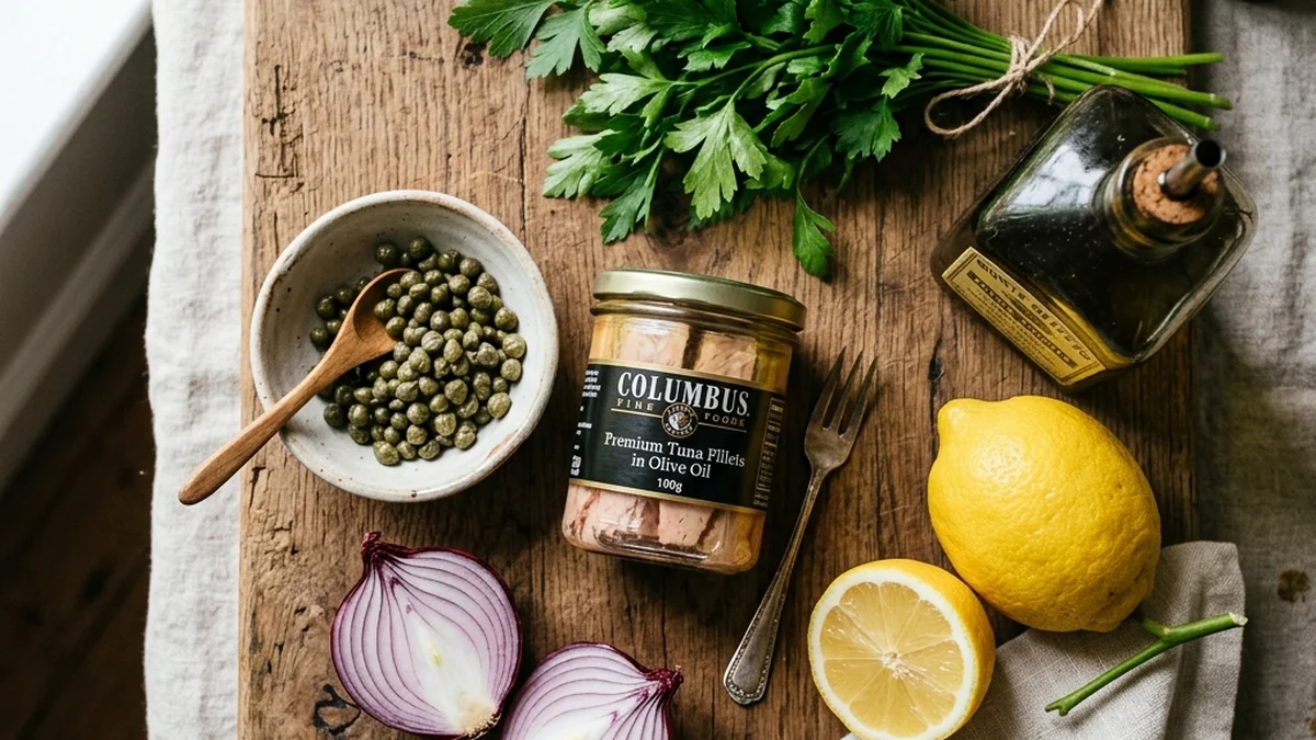 Fresh ingredients for Mediterranean tuna salad including olive oil packed tuna and capers