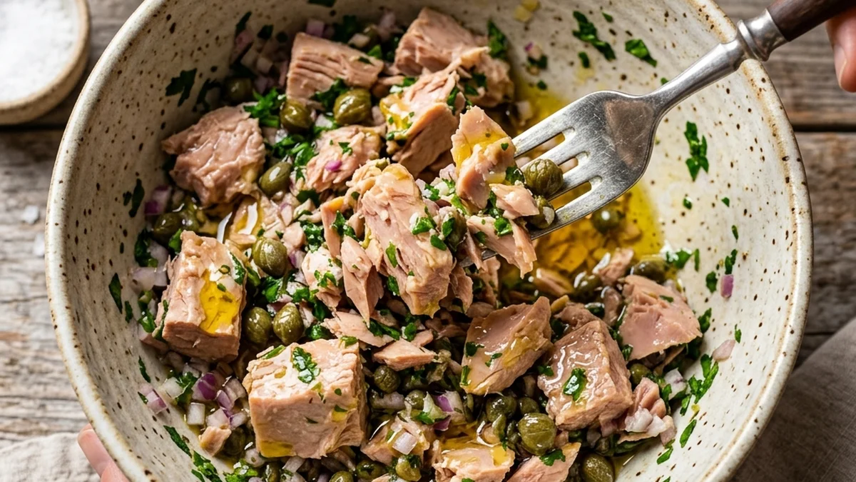Tossing chunky tuna salad with capers, red onion, and parsley in a bowl