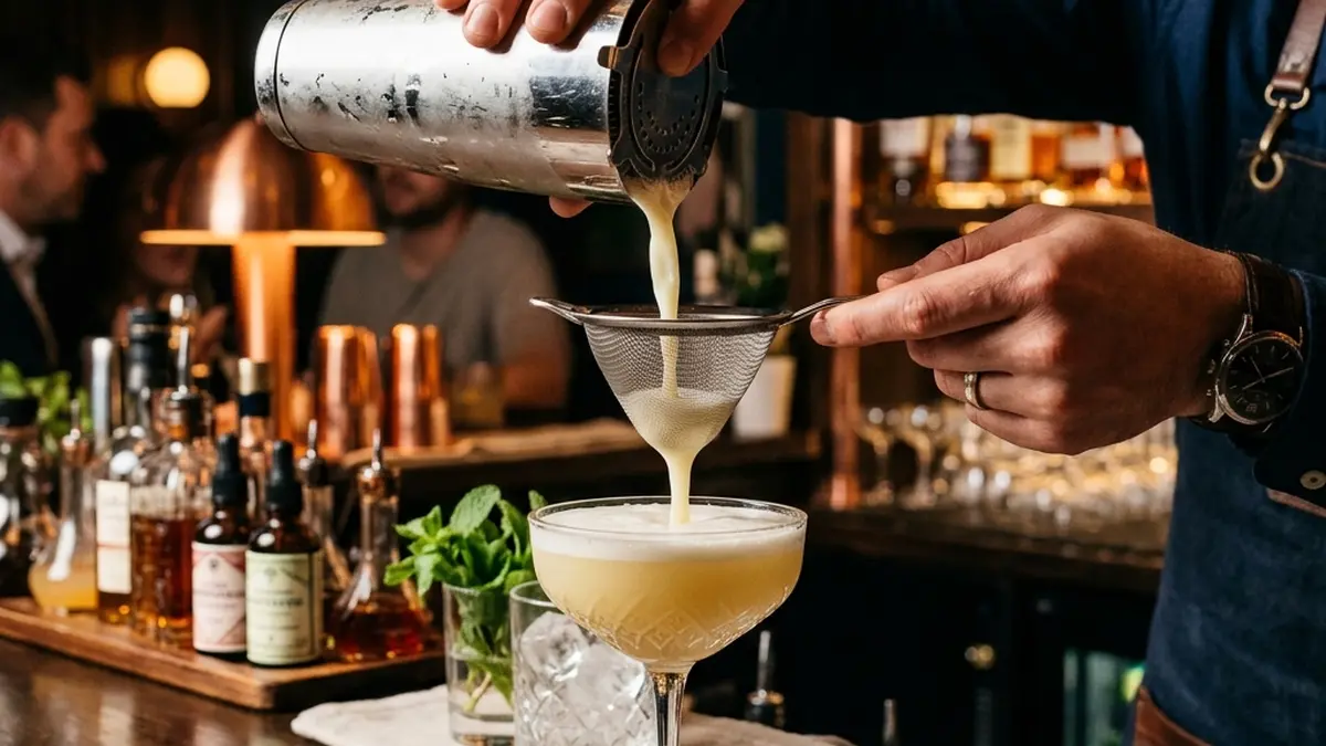 Pouring a perfectly shaken whiskey sour cocktail