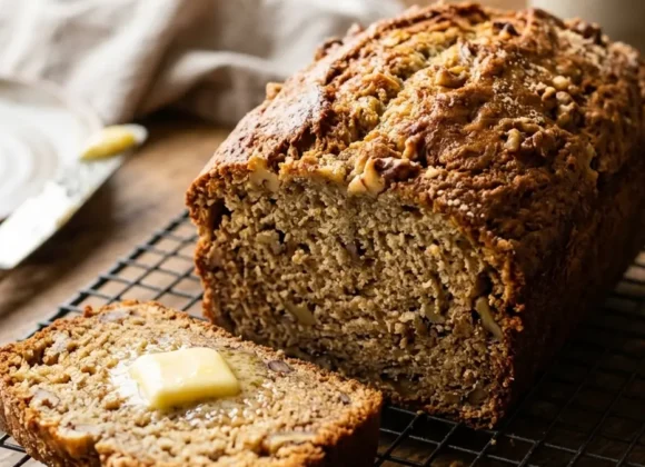 The ultimate moist banana bread recipe on a cooling rack