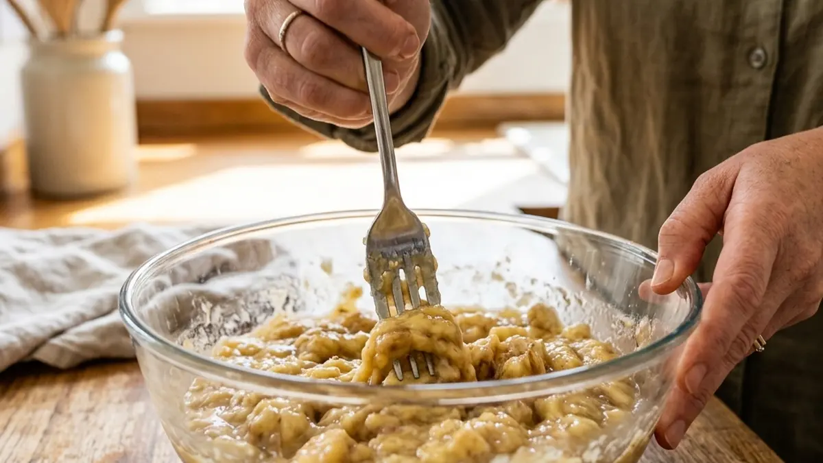 Mashing overripe bananas for banana bread batter