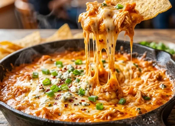 Bubbling hot buffalo chicken dip with melted cheese