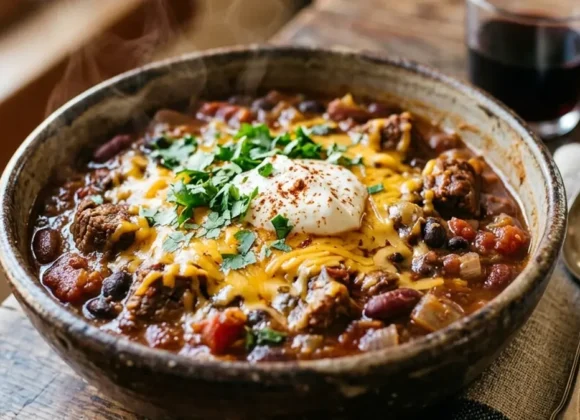 The Ultimate Hearty Beef Chili Recipe Hearty bowl of beef and bean chili with cheese and sour cream