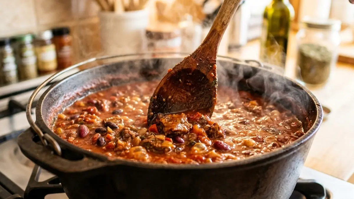 Stirring thick bubbling chili in a cast iron Dutch oven