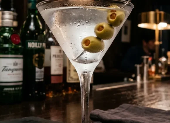 Icy classic martini with olives in a frosted glass