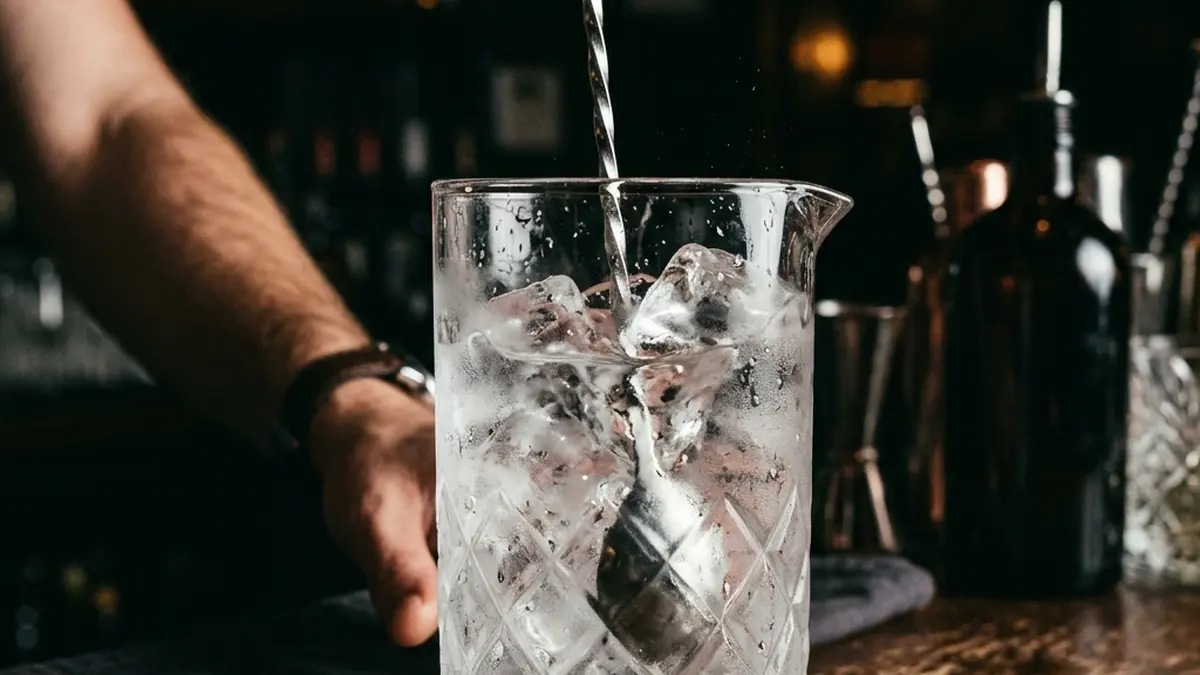Stirring a martini in a cold crystal mixing glass