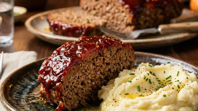 The Ultimate Classic Meatloaf Recipe Thick slice of juicy meatloaf covered in red glaze