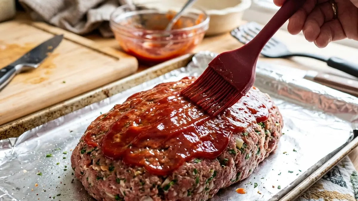 Brushing red ketchup glaze on raw meatloaf