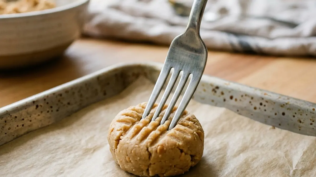 Pressing peanut butter cookie dough with a fork